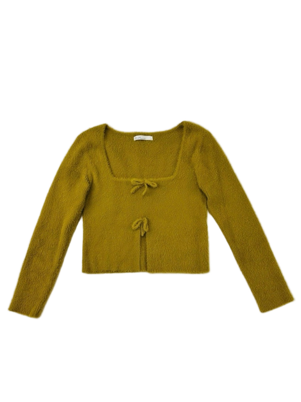 Oak + Fort chartreuse fuzzy sweater Small square neck split Bow Cute Fuzzy
